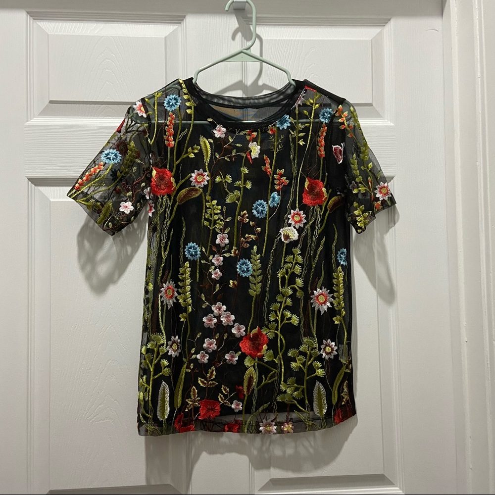 Sheer Top with Floral Embroidery